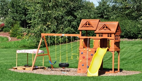 A playground set in the backyard makes for a fun addition to a home.